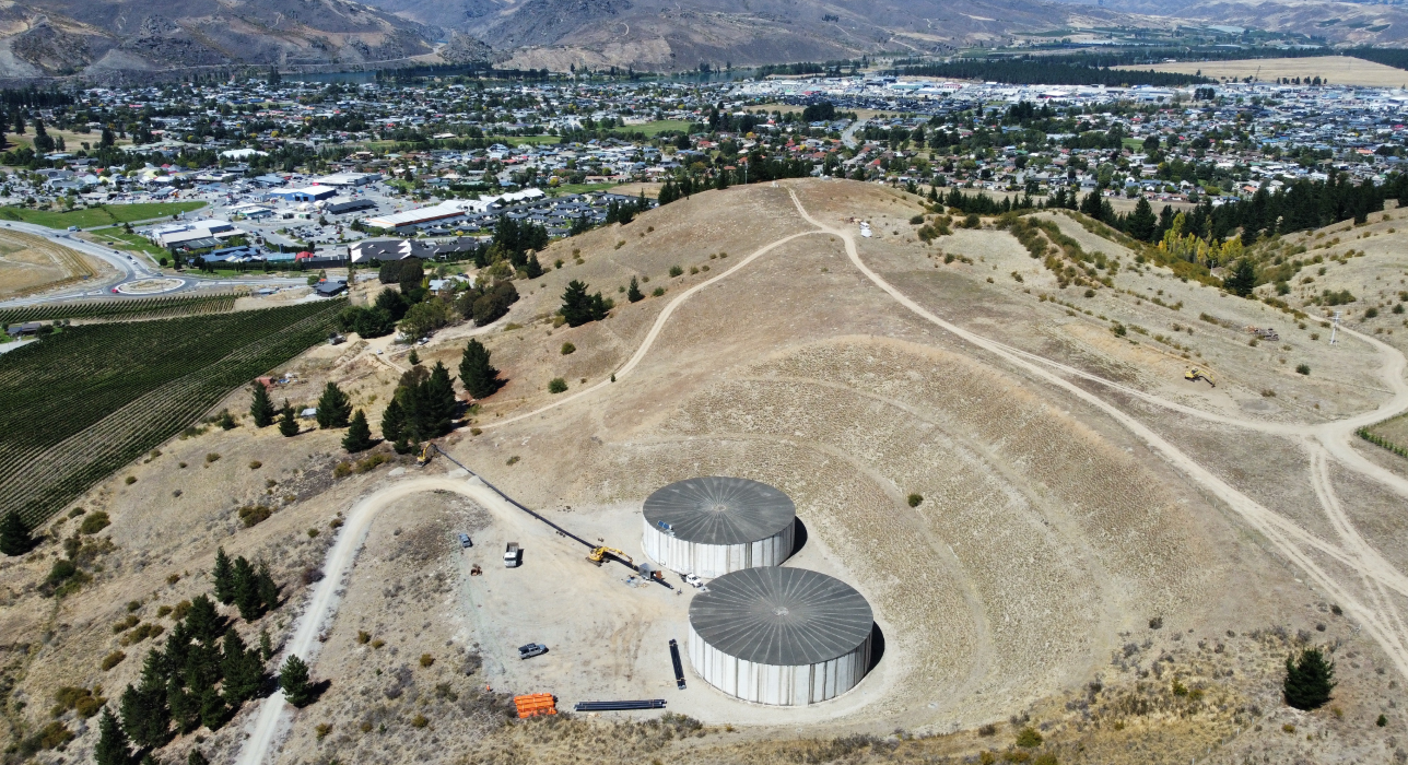 Drone view of the current water reservoirs in Cromwell. Location: McNab Road